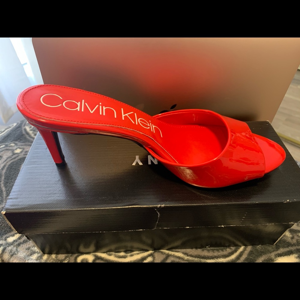 Calvin Klein Luc High Heel Mules Open Toe Sandals Red Patent Sz 10
